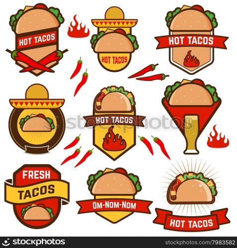 Set of Mexican taco design elements, labels,badges and icons. Mexican food. Design template. Vector illustration.