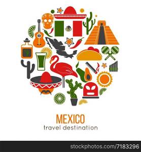 Set of Mexico travel symbols. Mexican flat vector illustrations. Collection icons tequila, chili and taco, sombrero, guitar and maracas, skull and Machu Picchu pyramid, Frida, flag and map.. Set of Mexico travel symbols. Mexican flat vector illustrations.