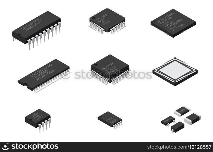 Set of microchip computer electronic components. Microchip icon. Computer processor technology. Micro processor. Collection of microchips