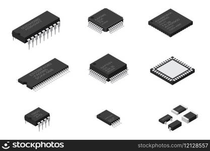 Set of microchip computer electronic components. Microchip icon. Computer processor technology. Micro processor. Collection of microchips