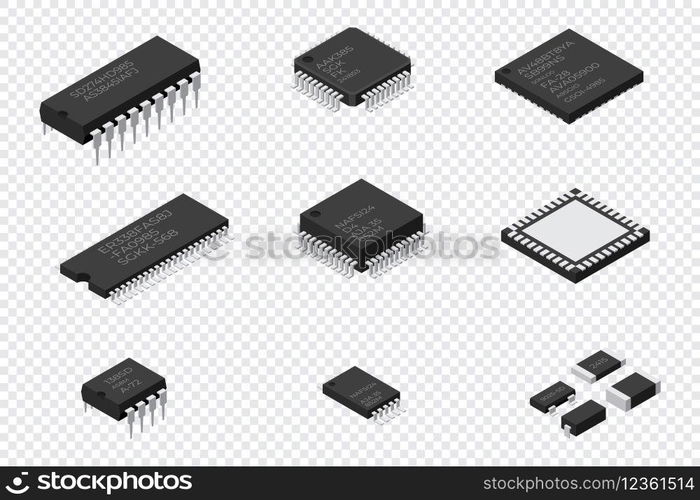 Set of microchip computer electronic components. Microchip icon. Computer processor technology. Micro processor. Collection of microchips