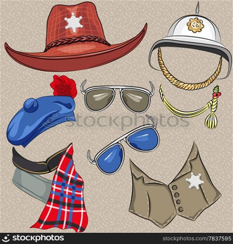 set of military and sheriff accessories: hat, helmet, vest, cravat, tam, scarf, glasses