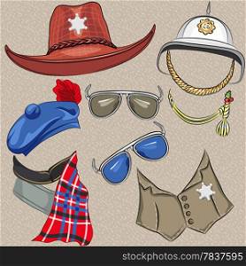 set of military and sheriff accessories: hat, helmet, vest, cravat, tam, scarf, glasses