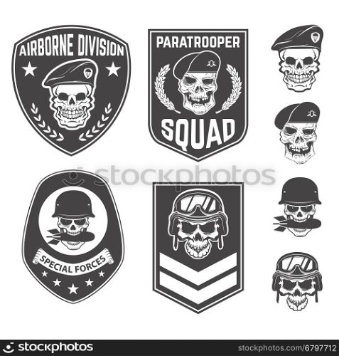 Set of military emblems and design elements. Skulls with military headdresses. paratrooper. Airborne division. Design elements for emblem, badge, label.