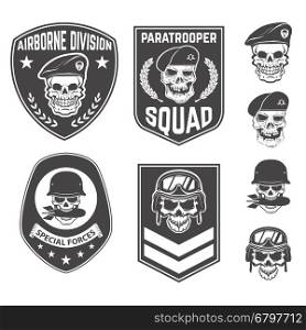Set of military emblems and design elements. Skulls with military headdresses. paratrooper. Airborne division. Design elements for emblem, badge, label.