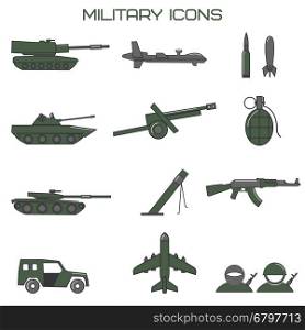Set of military icons. tank, fighting machine, drone, mortar ammunition, howitzer. Vector illustration.