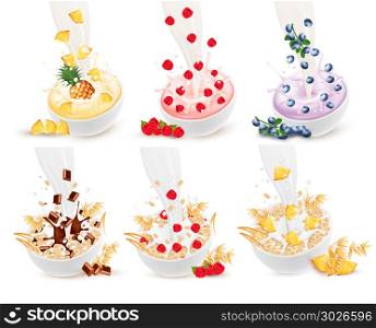Set of milk flowing into a bowl with grain and fruit and berries. Set of milk flowing into a bowl with grain and fruit and berries and chocolate. Vector. Set of milk flowing into a bowl with grain and fruit and berries and chocolate. Vector