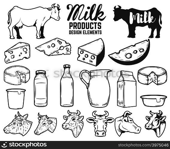 Set of milk products design elements. butter, cheese, sour cream, yogurt, cows. For package, poster, sign, banner, flyer. Vector illustration
