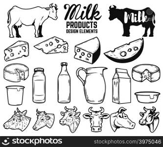 Set of milk products design elements. butter, cheese, sour cream, yogurt, cows. For package, poster, sign, banner, flyer. Vector illustration