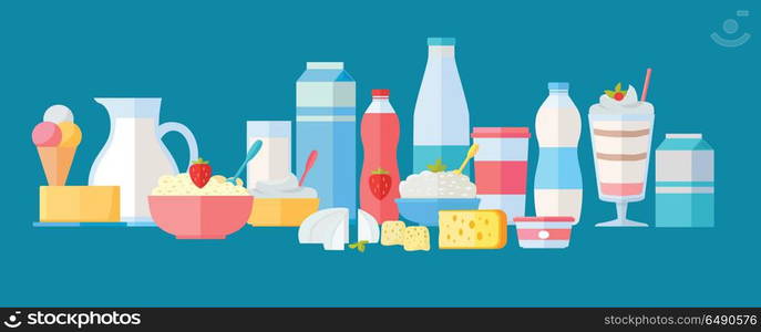 Set of milk products vector illustrations Flat design. Healthy food and diet. Collection of traditional dairy food for farm, grocery store, and food delivery services ad, prints, logos, web design. Set of Milk Products Vector Icons in Flat Design.. Set of Milk Products Vector Icons in Flat Design.