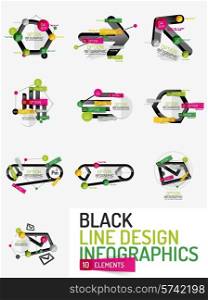 Set of minimal line design geometric presentation or web infographics. Black line concept icons with stickers, notes and other business design elements