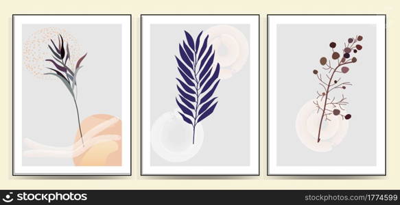 Set of minimalism botanical vector illustration as abstraction composition with leaves. ideal for art gallery. modern wall art poster. minimal interior design