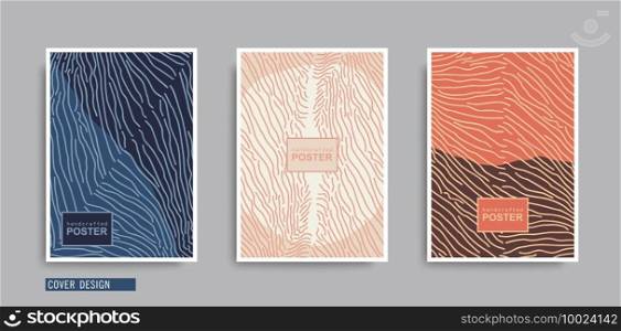 Set of minimalistic posters with line art composition. Freeform hand drawn doodle texture. Trendy abstract handcrafted covers. Vector template. Set of minimalistic posters with line art composition. Freeform hand drawn doodle texture. Trendy abstract handcrafted covers. Vector design