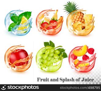 Set of mint and fruit in a water and juice splash. Mint and lemon, strawberry and banana, pineapple, apple, grapes, peach and raspberry. Vector