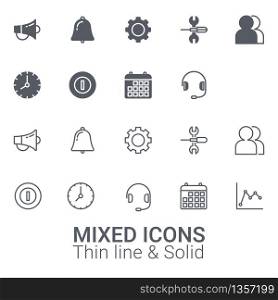 Set of Mixed icons. Thin line and solid icon.