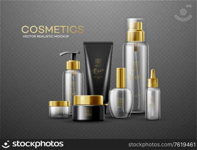 Set of mockup template white, black and glass cosmetic bottles with gold caps isolated on a dark background. Real transparency effect. Vector illustration EPS10. Set of mockup template white, black and glass cosmetic bottles with gold caps isolated on a dark background. Real transparency effect. Vector illustration