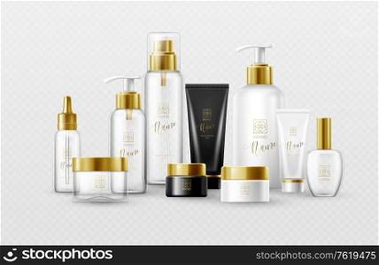 Set of mockup template white, black and glass cosmetic bottles with gold caps isolated on a white background. Real transparency effect. Vector illustration EPS10. Set of mockup template white, black and glass cosmetic bottles with gold caps isolated on a white background. Real transparency effect. Vector illustration
