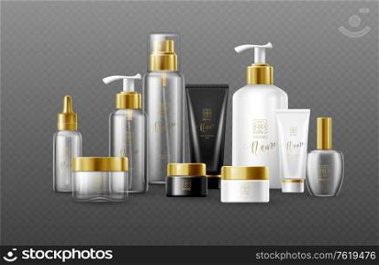 Set of mockup template white, black and glass cosmetic bottles with gold caps isolated on a dark background. Real transparency effect. Vector illustration EPS10. Set of mockup template white, black and glass cosmetic bottles with gold caps isolated on a dark background. Real transparency effect. Vector illustration