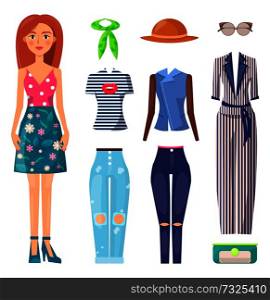 Set of mode summer clothing, multicolored poster, cute girl in skirt and shirt with cute pattern, varied pants, mode suit and hat, glasses and handbag. Set of Mode Summer Clothing, Multicolored Poster