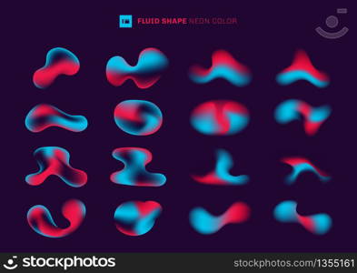 Set of modern abstract gradient fluid shape neon color on purple background. blue and pink vivid colour liquid collection. Vector illustration