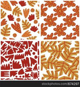 Set of modern abstract leaves seamless pattern. Hand draw floral wallpaper. Exotic jungle plants vector illustration. Concept trendy fabric textile design. Set of modern abstract leaves seamless pattern.