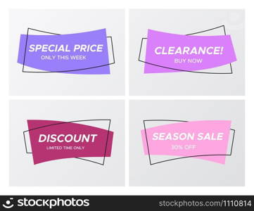 Set of modern abstract sale banner in creative form. Hipster graphic curved rectangle shape promo sticker with shop offer title, violet and vinous colors. Vector illustration with marketing print.. Trendy violet curved rectangle flat sale banners