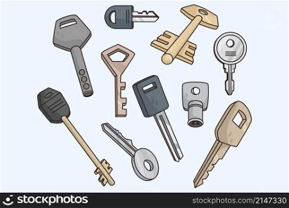 Set of modern and classic old keys of different sizes and forms. Collection of various key bunch for house or car door. Flat vector illustration. . Set of different old and modern keys
