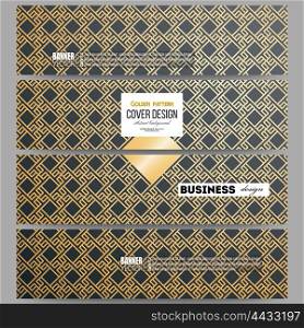 Set of modern banners. Islamic gold pattern with overlapping geometric square shapes forming abstract ornament. Vector stylish golden texture on black background.. Set of modern vector banners. Islamic gold pattern with overlapping geometric square shapes forming abstract ornament. Vector stylish golden texture on black background.