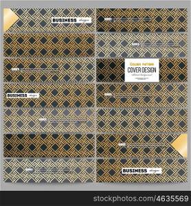 Set of modern banners. Islamic gold pattern with overlapping geometric square shapes forming abstract ornament. Vector stylish golden texture on black background.. Set of modern vector banners. Islamic gold pattern with overlapping geometric square shapes forming abstract ornament. Vector stylish golden texture on black background.