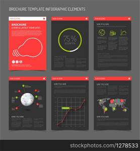 Set of modern brochure flyer design templates with graphs, charts and other infographic elements - red and green dark version