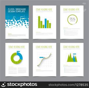 Set of modern brochure flyer design templates with graphs, charts and other infographic elements - blue and green version