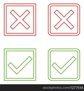 Set of Modern Check Mark Icons in Red, Green Monochrome Colors Isolated on White Background. Vector Illustration. Set of Modern Check Mark Icons in Red, Green Monochrome Colors Isolated on White Background.