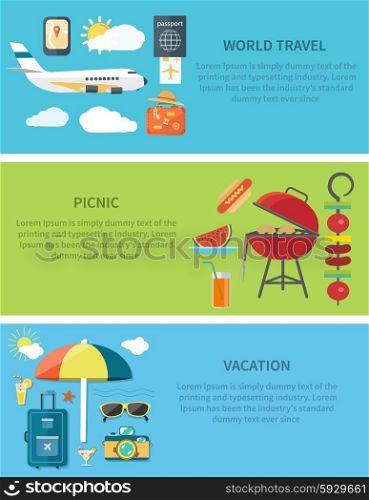 Set of modern concepts in detailed flat horizontal web banner. Items for world travel, picnic, vacation. For site construction, mobile applications, corporate brochures, book covers, layouts etc.