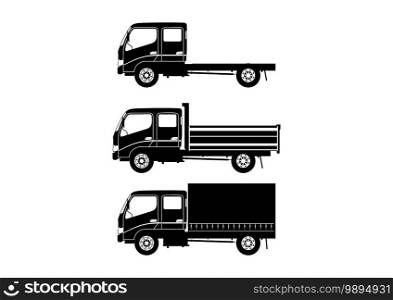 Set of modern double cab over engine truck silhouettes. Each silhouette consists of a black and white shape. Flat vector.