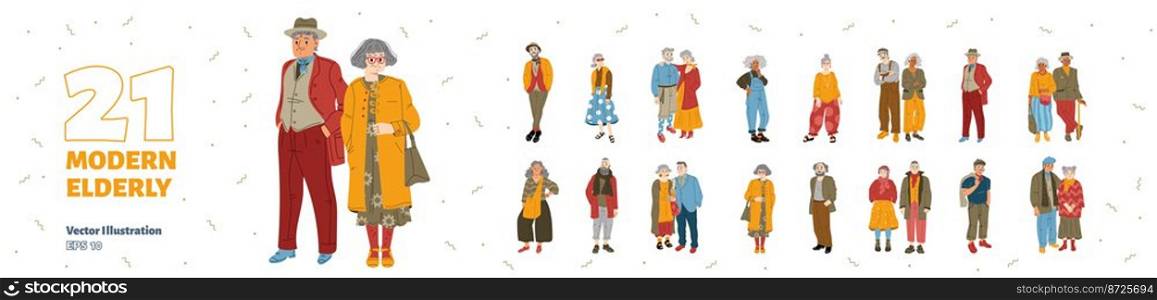 Set of modern elderly people. Trendy old male and female characters wear fashionable clothes. Isolated stylish senior men or women, elegant aged pensioners, Cartoon linear flat vector illustration. Set of modern elderly people, trendy characters