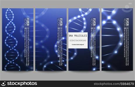 Set of modern flyers. DNA molecule structure on dark blue background. Science vector background. Set of modern vector flyers. DNA molecule structure on dark blue background. Science vector background.
