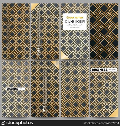 Set of modern flyers. Islamic gold pattern with overlapping geometric square shapes forming abstract ornament. Vector stylish golden texture on black background. Set of modern vector flyers. Islamic gold pattern with overlapping geometric square shapes forming abstract ornament. Vector stylish golden texture on black background.