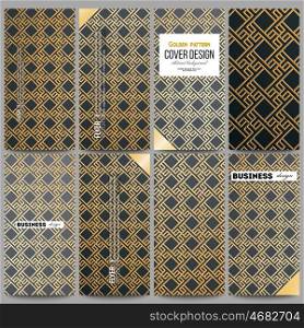 Set of modern flyers. Islamic gold pattern with overlapping geometric square shapes forming abstract ornament. Vector stylish golden texture on black background. Set of modern vector flyers. Islamic gold pattern with overlapping geometric square shapes forming abstract ornament. Vector stylish golden texture on black background.