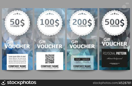 Set of modern gift voucher templates. Abstract blue polygonal background, colorful backdrop, modern stylish vector texture.