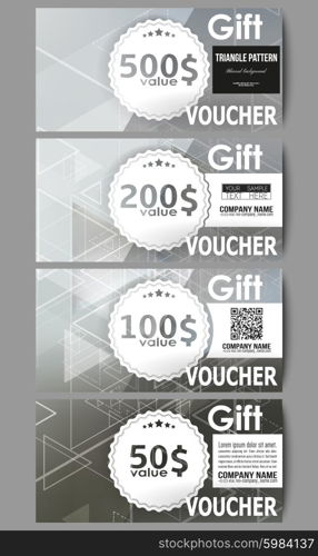 Set of modern gift voucher templates. Abstract blurred vector background with triangles, lines and dots.