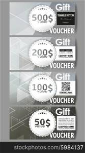 Set of modern gift voucher templates. Abstract blurred vector background with triangles, lines and dots.