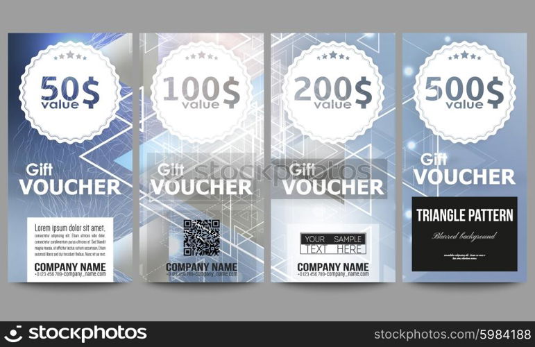 Set of modern gift voucher templates. Abstract blurred vector background with triangles, lines and dots.