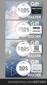 Set of modern gift voucher templates. Abstract blurred vector background with triangles, lines and dots.