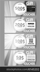 Set of modern gift voucher templates. Abstract lines background, simple abstract monochrome texture.