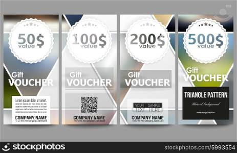 Set of modern gift voucher templates. Abstract multicolored background of blurred nature landscapes, geometric vector, triangular style illustration.