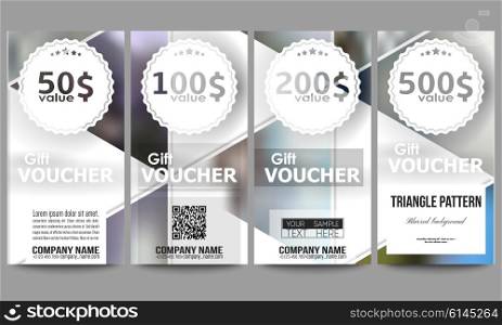 Set of modern gift voucher templates. Abstract multicolored background of blurred nature landscapes, geometric vector, triangular style illustration.