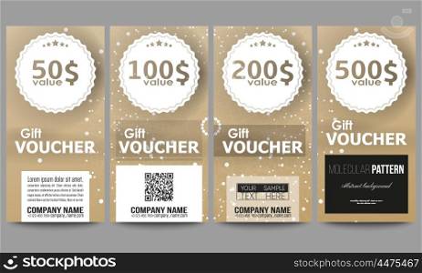 Set of modern gift voucher templates. Abstract polygonal low poly backdrop with connecting dots and lines, golden background, connection structure. Digital or science vector.