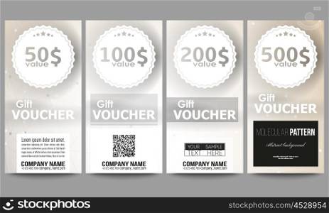 Set of modern gift voucher templates. Abstract polygonal low poly backdrop with connecting dots and lines, connection structure. Vector or digital science background.