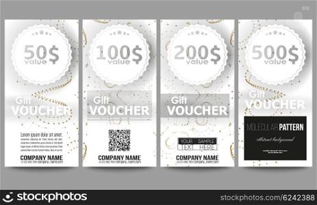 Set of modern gift voucher templates. Abstract polygonal low poly backdrop with connecting dots and lines, golden connection structure on white background. Digital or science vector.