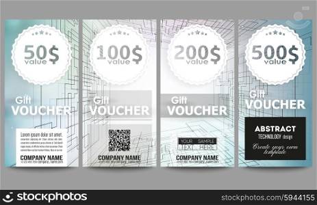 Set of modern gift voucher templates. Abstract vector background of digital technologies, cyber space.